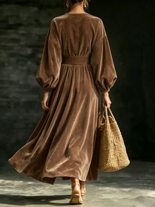 Breezaya Women's Elegant Commute Solid Color Lantern Sleeve Dress - Brown - View 2