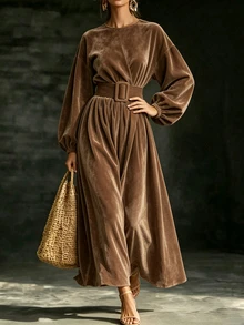 Breezaya Women's Elegant Commute Solid Color Lantern Sleeve Dress - Brown - View 3