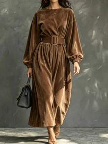 Breezaya Women's Elegant Commute Solid Color Lantern Sleeve Dress - Brown - View 6