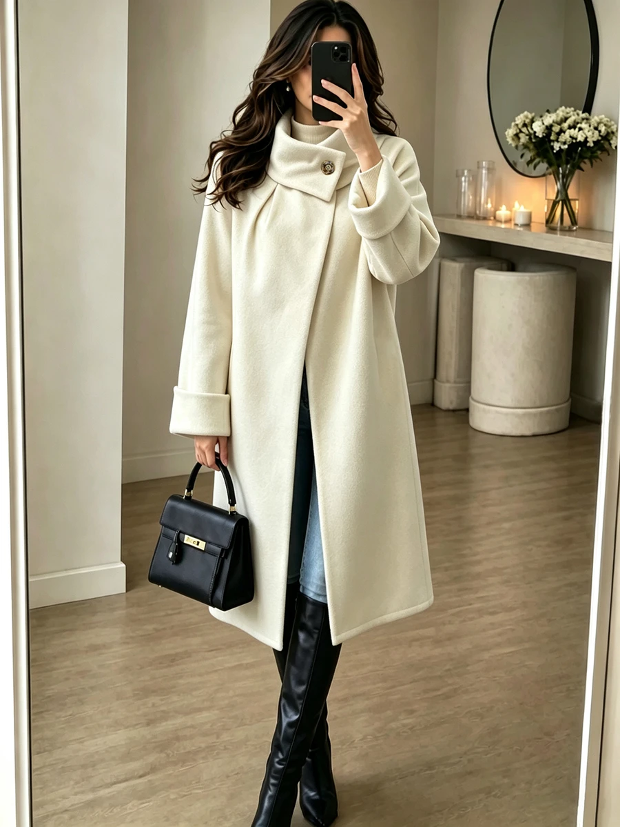 Zayélia Kain Wol Musim Dingin Elegan Tenun Halus untuk Wanita - Aprikot - View 1