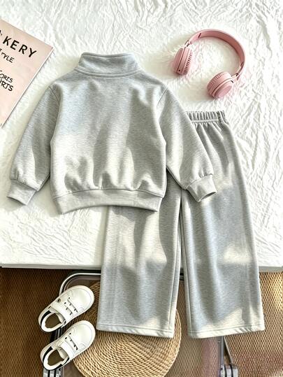 Baby Girl 2pcs Set Casual Fashion Spring Summer Autumn Girls Stand Collar Sweatshirt & Wide Leg Sweatpants Outfit, Sweet Cool Leopard Print Bow Pattern, Outing Set, Soft Fabric, Fashion Wide Leg Pants Style, Spring Summer Autumn Girls Clothing Set, Girls Wide Leg Pants Outfit