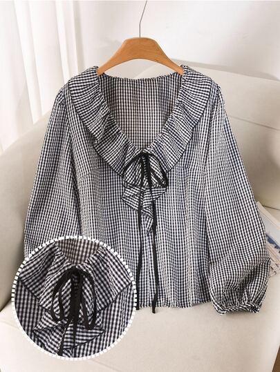 CosyJoli Plus Size Vacation Plaid Ruffle Bow Tie Long Sleeve Shirt Casual Daily Going Out Blouse For Women Fall/Winter Casual Back To School Blouse For Women