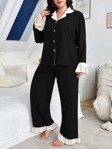 LuxeNights Plus Size Color-Blocking Ruffle Splice Bubble Chiffon Collar Long Sleeve Top & Pants Pajama Set, Cozy Outfits, Fall Winter Clothes - Black - View 3