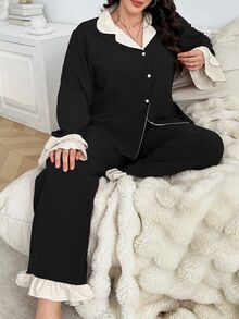 LuxeNights Plus Size Color-Blocking Ruffle Splice Bubble Chiffon Collar Long Sleeve Top & Pants Pajama Set, Cozy Outfits, Fall Winter Clothes - Black - View 4
