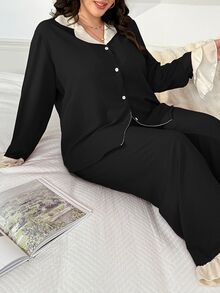 LuxeNights Plus Size Color-Blocking Ruffle Splice Bubble Chiffon Collar Long Sleeve Top & Pants Pajama Set, Cozy Outfits, Fall Winter Clothes - Black - View 5