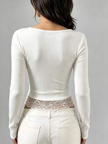 SHEIN Women's Off White Lace Ribbed Fitted Knit Long Sleeve Square Neck T-Shirt, Comfortable For Spring, Summer, Autumn, Suitable For Dates Everyday Elegant - White - View 3