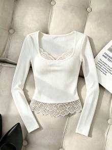SHEIN Women's Off White Lace Ribbed Fitted Knit Long Sleeve Square Neck T-Shirt, Comfortable For Spring, Summer, Autumn, Suitable For Dates Everyday Elegant - White - View 2