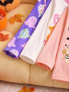 SHEIN 3pcs Baby Girl Pullover Tees Cute Purple Pink Orange Ghost Print Pumpkin Bow Long Sleeve Round Neck Regular Halloween Party Fall Princess Bat - Multicolor - View 4
