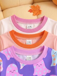 SHEIN 3pcs Baby Girl Pullover Tees Cute Purple Pink Orange Ghost Print Pumpkin Bow Long Sleeve Round Neck Regular Halloween Party Fall Princess Bat - Multicolor - View 5