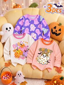 SHEIN 3pcs Baby Girl Pullover Tees Cute Purple Pink Orange Ghost Print Pumpkin Bow Long Sleeve Round Neck Regular Halloween Party Fall Princess Bat - Multicolor - View 2