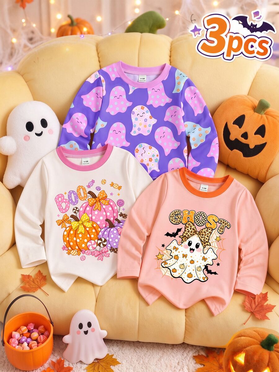 SHEIN 3pcs Baby Girl Pullover Tees Cute Purple Pink Orange Ghost Print Pumpkin Bow Long Sleeve Round Neck Regular Halloween Party Fall Princess Bat