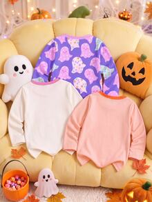 SHEIN 3pcs Baby Girl Pullover Tees Cute Purple Pink Orange Ghost Print Pumpkin Bow Long Sleeve Round Neck Regular Halloween Party Fall Princess Bat - Multicolor - View 3