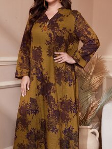 Al Najma 加大码女式植物印花 V 领长袖连衣裙，阿拉伯时尚，端庄，休闲风格，适合日常休闲/旅行/度假/休假/家居服，超长加大码阿拉伯服饰，长袍 - 黃色 - 查看 3
