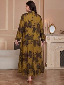 Al Najma 加大码女式植物印花 V 领长袖连衣裙，阿拉伯时尚，端庄，休闲风格，适合日常休闲/旅行/度假/休假/家居服，超长加大码阿拉伯服饰，长袍 - 黃色 - 查看 2