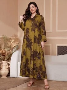 Al Najma 加大码女式植物印花 V 领长袖连衣裙，阿拉伯时尚，端庄，休闲风格，适合日常休闲/旅行/度假/休假/家居服，超长加大码阿拉伯服饰，长袍 - 黃色 - 查看 4