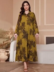 Al Najma 加大码女式植物印花 V 领长袖连衣裙，阿拉伯时尚，端庄，休闲风格，适合日常休闲/旅行/度假/休假/家居服，超长加大码阿拉伯服饰，长袍 - 黃色 - 查看 5
