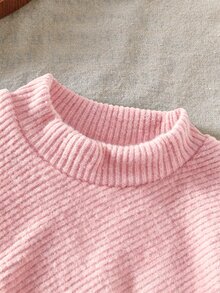 SHEIN Playful Pals 女嬰針織T恤套裝，高領粉色長袖喇叭長褲，2件組，0-3歲家庭搭配里程碑，秋冬款 - 粉色 - 查看 4
