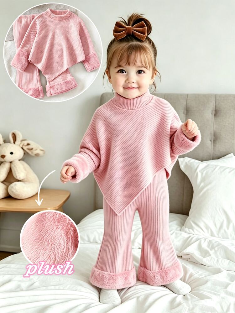 SHEIN Playful Pals Baby Girls Knit T-Shirt Co-Ords, High Neck Pink Long Sleeve Flared Long Pants, 2 Pieces Set, 0-3 Years Old Family Matching Milestone,Fall And Winter - Pink - View 8