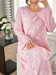 Yasmyna Pink Plaid 3D Floral Embroidered Long Sleeve Loose Waist Arabian Dress - Pink - View 5
