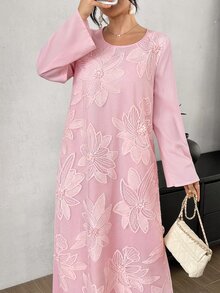 Yasmyna Pink Plaid 3D Floral Embroidered Long Sleeve Loose Waist Arabian Dress - Pink - View 2