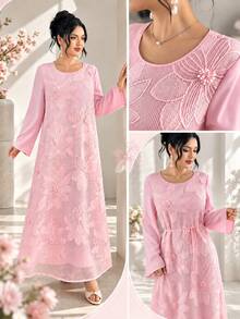 Yasmyna Pink Plaid 3D Floral Embroidered Long Sleeve Loose Waist Arabian Dress - Pink - View 4