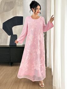 Yasmyna Pink Plaid 3D Floral Embroidered Long Sleeve Loose Waist Arabian Dress - Pink - View 7