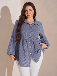 SHEIN LUNE Plus Size Fashion Plaid Button Long Sleeve Shirt For Daily Wear - Navy Blue - View 3