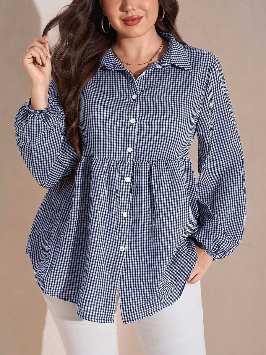 SHEIN LUNE Plus Size Fashion Plaid Button Long Sleeve Shirt For Daily Wear - Navy Blue - View 1