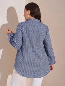 SHEIN LUNE Plus Size Fashion Plaid Button Long Sleeve Shirt For Daily Wear - Navy Blue - View 2