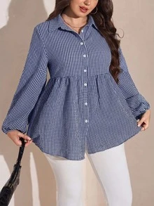 SHEIN LUNE Plus Size Fashion Plaid Button Long Sleeve Shirt For Daily Wear - Navy Blue - View 4