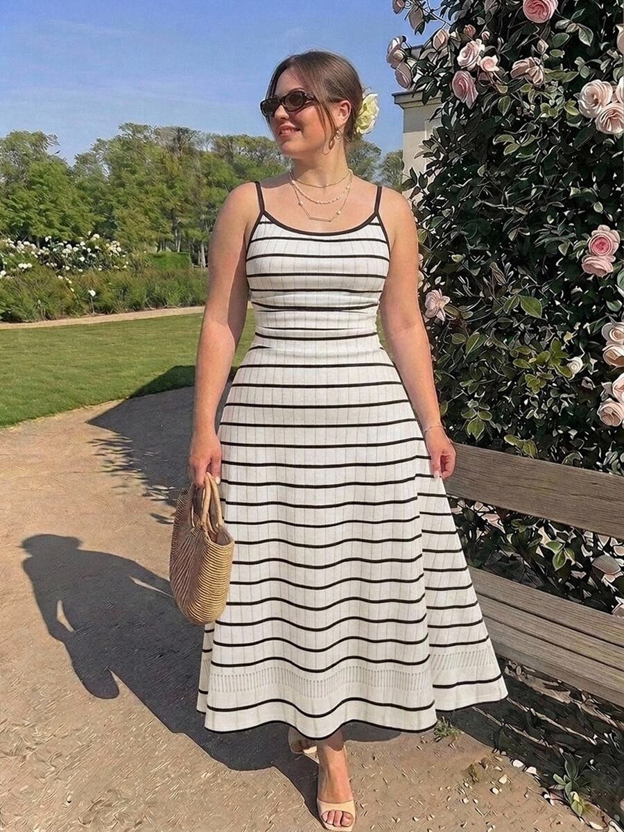 SHEIN MOD Plus Size Black Striped Spaghetti Strap Dress, All-Season Wear, Elegant Commute Outfit, Casual Daily Striped Dress, Home Wear - Multicolor - View 1
