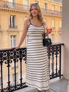 SHEIN MOD Plus Size Black Striped Spaghetti Strap Dress, All-Season Wear, Elegant Commute Outfit, Casual Daily Striped Dress, Home Wear - Multicolor - View 7