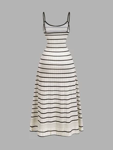 SHEIN MOD Plus Size Black Striped Spaghetti Strap Dress, All-Season Wear, Elegant Commute Outfit, Casual Daily Striped Dress, Home Wear - Multicolor - View 2