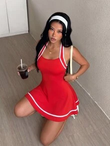 Pariaura Gaun Olahraga Wanita Musim Semi/Panas, Warna Merah, Leher Halter, Bagian Belakang Terbuka dengan Patchwork Garis Kontras, Celana Pendek Lepas Pasang dengan Saku, Cocok untuk Pakaian Kasual, Lari, Yoga, Gym, Tenis, Golf, Bersepeda - Merah - View 6
