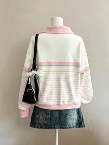 青少年女孩秋冬休閒時尚條紋數位印花，粉藍黃條紋，休閒基礎拉鍊運動衫，女孩拉鍊印花運動衫，舒適秋季運動衫，溫馨氛圍，秋季氛圍 - 彩色 - 查看 3