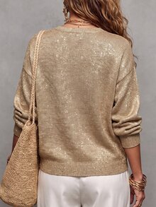 LUMIGAL Spring/Autumn Luxury Style Shiny Yarn Knit Sweater, Round Neck Drop Shoulder Long Sleeve Loose Ribbed Hem Pullover, Versatile Knit Top For Daily Commute, Holiday, Party, Date, Women's Sweater - Khaki - View 2