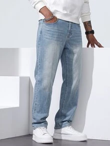 QuarKem Celana Jeans Pria Potongan Lurus Longgar Kasual dengan Saku - Light Wash - View 3