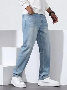 QuarKem Celana Jeans Pria Potongan Lurus Longgar Kasual dengan Saku - Light Wash - View 6