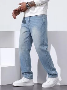 QuarKem Celana Jeans Pria Potongan Lurus Longgar Kasual dengan Saku - Light Wash - View 1
