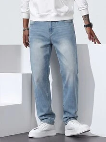 QuarKem Celana Jeans Pria Potongan Lurus Longgar Kasual dengan Saku - Light Wash - View 5
