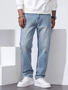 QuarKem Celana Jeans Pria Potongan Lurus Longgar Kasual dengan Saku - Light Wash - View 4