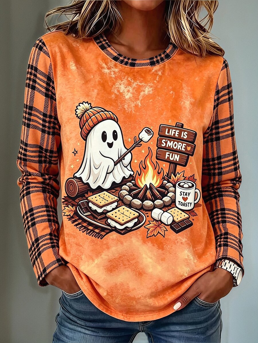 Trelyra Women's Letter & Cartoon Print Casual Long Sleeve T-Shirt For Daily Wear - Multicolor - View 1