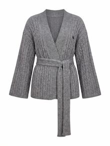 SHEIN Clasi Kardigan Wanita Vintage Kasual Bordir Rajut Kabel Lengan Panjang Abu-abu untuk Kantor Musim Gugur - Grey - View 5