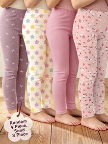 SHEIN 柔霧色調波希米亞花卉波點圖案女孩可愛舒適休閒彈性內搭褲，適合四季日常穿著，3件組，易穿舒適，新季節休閒穿搭 - 彩色 - 查看 8