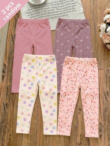SHEIN 柔霧色調波希米亞花卉波點圖案女孩可愛舒適休閒彈性內搭褲，適合四季日常穿著，3件組，易穿舒適，新季節休閒穿搭 - 彩色 - 查看 4