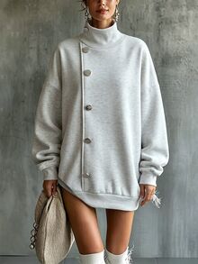 Trelyra 女款新款時尚百搭柔軟高領側邊金屬鈕扣寬鬆顯瘦運動衫 - 淺灰色 - 查看 5