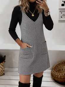Louniche Houndstooth Print Dual Pocket Overall Dress Without Sweater - Black and White - View 9