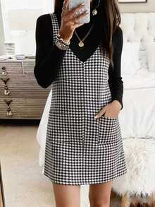 Louniche Houndstooth Print Dual Pocket Overall Dress Without Sweater - Black and White - View 1