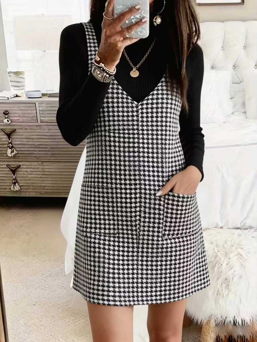 Louniche Houndstooth Print Dual Pocket Overall Dress Without Sweater - Black and White - View 1