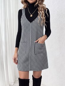 Louniche Houndstooth Print Dual Pocket Overall Dress Without Sweater - Black and White - View 4